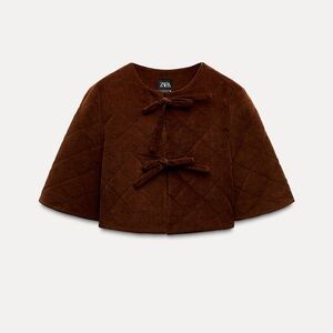 Zara Womens Collection Soft Cropped Quilted Brown Tie Cardigan